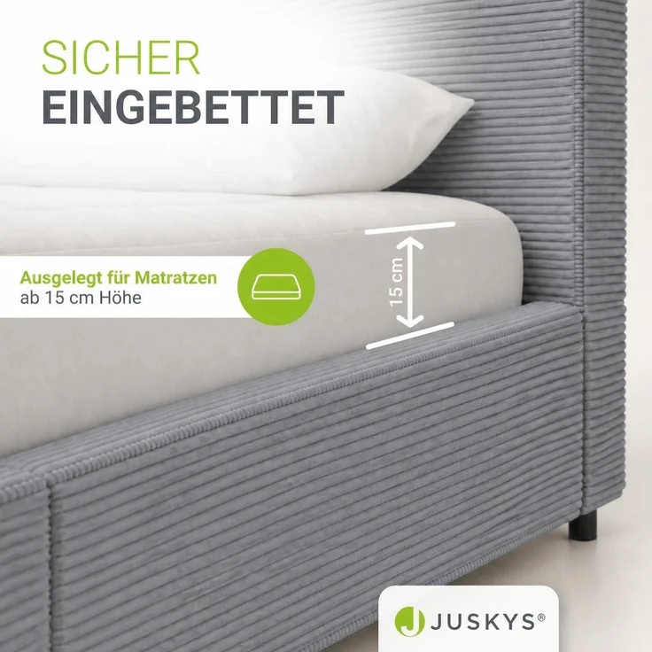 Juskys Polsterbett Salerno 140 x 200 cm – Cord Grau, modernes Bett mit Kopf- & Fußteil, stabilem Holz- & Metallrahmen, Lattenrost, 500 kg Tragkraft – Bild 6