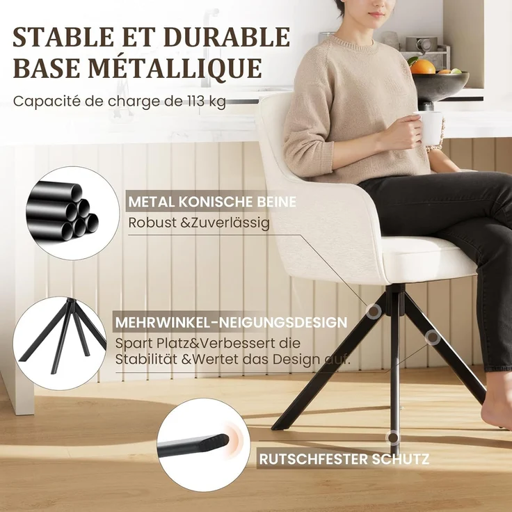 COLAMY Drehbare Esszimmerstühle 6er Set mit Armlehnen, Drehbare Polsterstühle für Küche & Esszimmer aus weichem Florstoff mit Metallgestell und Rückenlehne, für Esszimmer, Küche, Büro,Beige – Bild 9