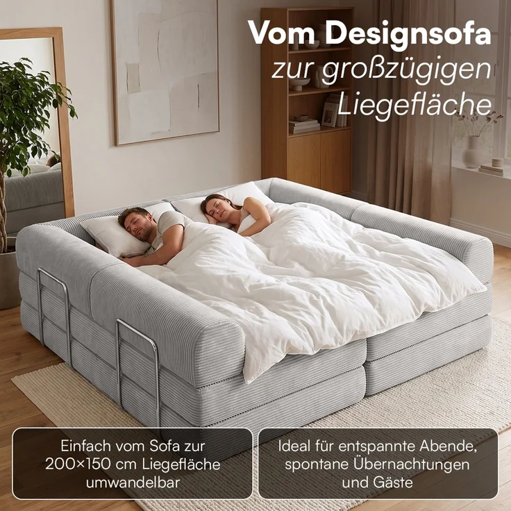 skølm 'Lofn' Modulares Sofa 4 Sitzer, 300x200 cm, Vollschaumcouch mit Metallgestell, Cord hellgrau, Schlafsofa vakuumverpackt, kein Aufbau erforderlich – Bild 8