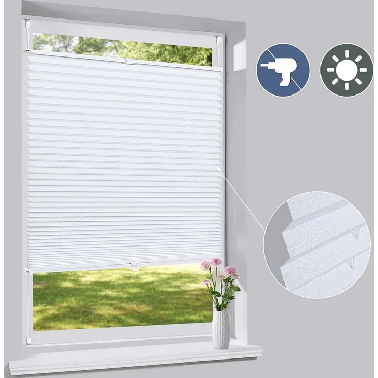 Homewit Plissee Plissee Faltrollo Jalousie mit Klemmträger Sonnenschutzrollo, Beidseitig Einstellbar, Klemmfix, Blickdicht, Lichtschutz