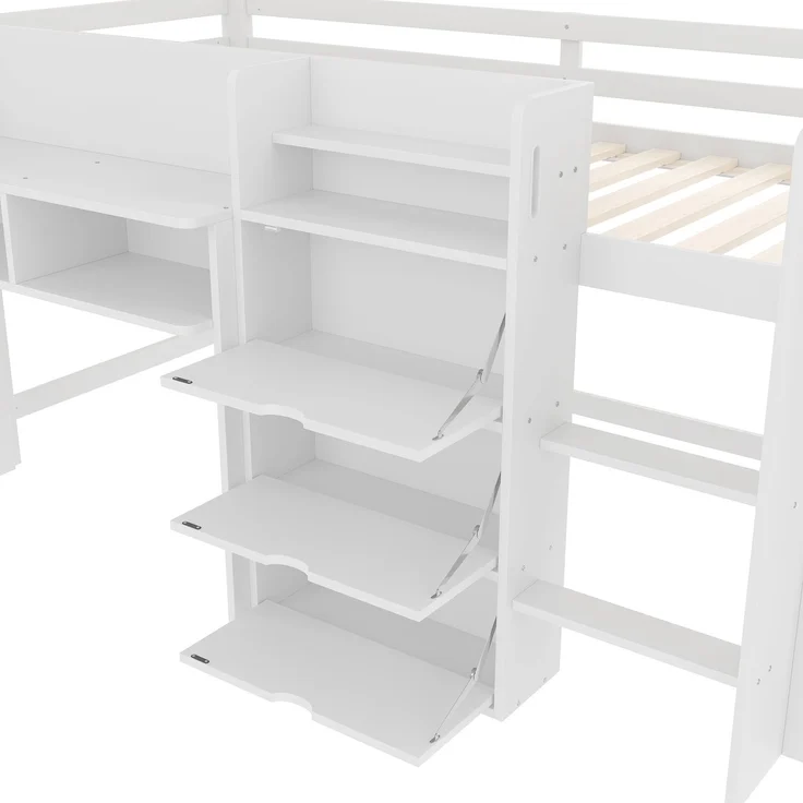 Kindereinzelbett 90×200 cm aus Massivholz und MDF mit Schreibtisch und Treppe, weiß – Bild 9