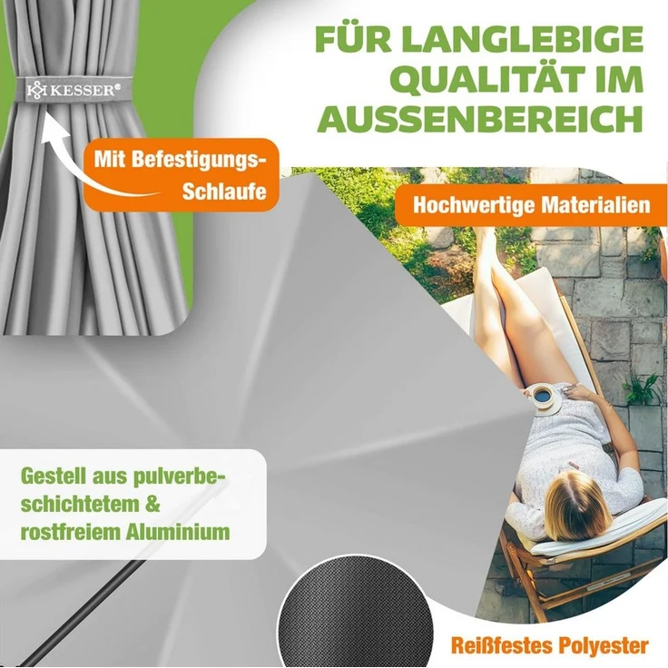 KESSER® Alu Ampelschirm Sonnenschirm + Abdeckung Ø300 cm / Ø350 cm mit Kurbelvorrichtung Kurbelschirm mit Ständer UV-Schutz Aluminium Wasserabweisende Bespannung - Schirm Gartenschirm Marktschirm 300cm, Hellgrau – Bild 4
