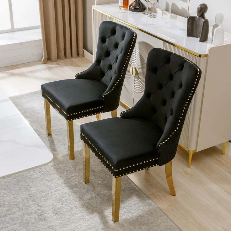 Esszimmerstuhl mit Samtbezug, Edelstahlbeinen und Türklopfer-Design, luxuriöser Polsterstuhl mit Nagelkopfverzierung,verstellbare Füße,Schwarz – Bild 2