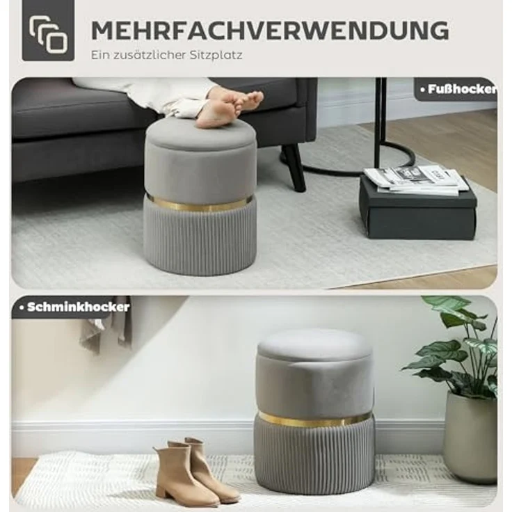 HOMCOM Sitzhocker Polsterhocker mit Samtoptik (Runder Hocker, 1 St, Polsterhocker), für Wohnzimmer, Schlafzimmer, Hellgrau – Bild 6