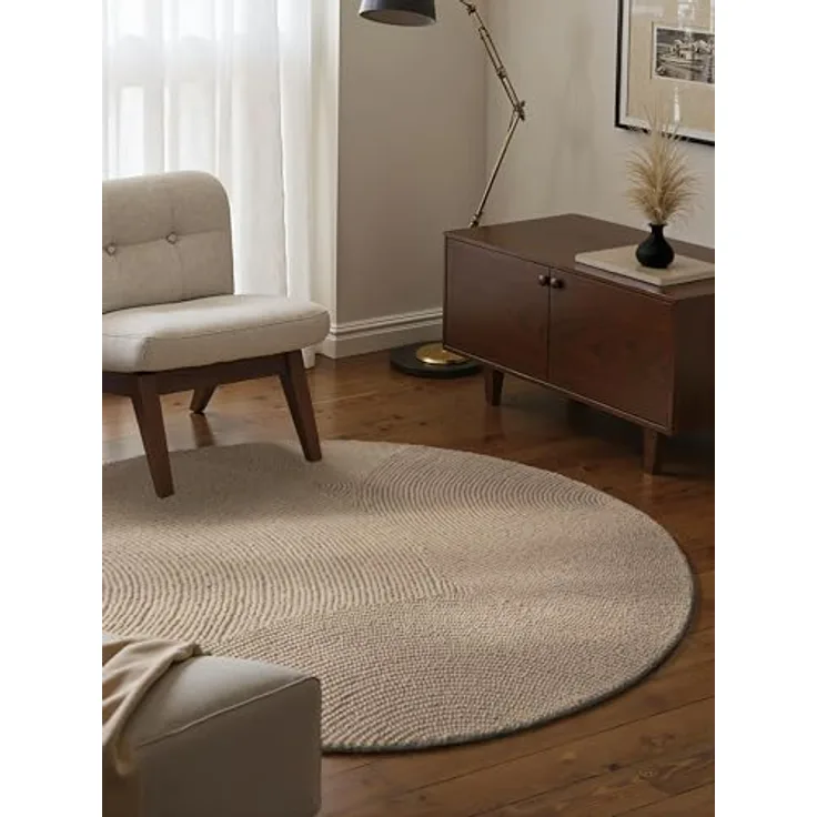 XXXL Wollteppich Eleni, Rund, Beige, Struktur, ca. 200 cm Durchmesser, pflegeleicht, für Fußbodenheizung geeignet, handgetuftet aus 100% Wolle