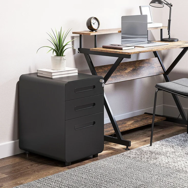 Rollcontainer mit 3 Schubladen mobiler Aktenschrank mit Rollen abschließbar Büroschrank mit Hängeregistratur Stiftfach, Bürocontainer Schreibtisch Unterschrank für Büro 39x48x59cm Schwarz--Schwarz--59x48x39cm--YOUDENOVA – Bild 4