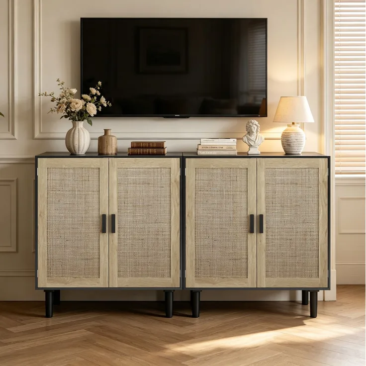 DESVIAE Sideboard mit Rattantüren 80x88x40 cm MDF Schwarz