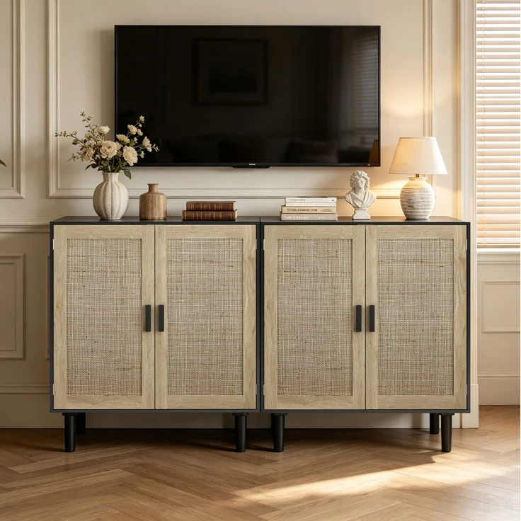 DESVIAE Sideboard mit Rattantüren 80x88x40 cm MDF Schwarz – Bild 1