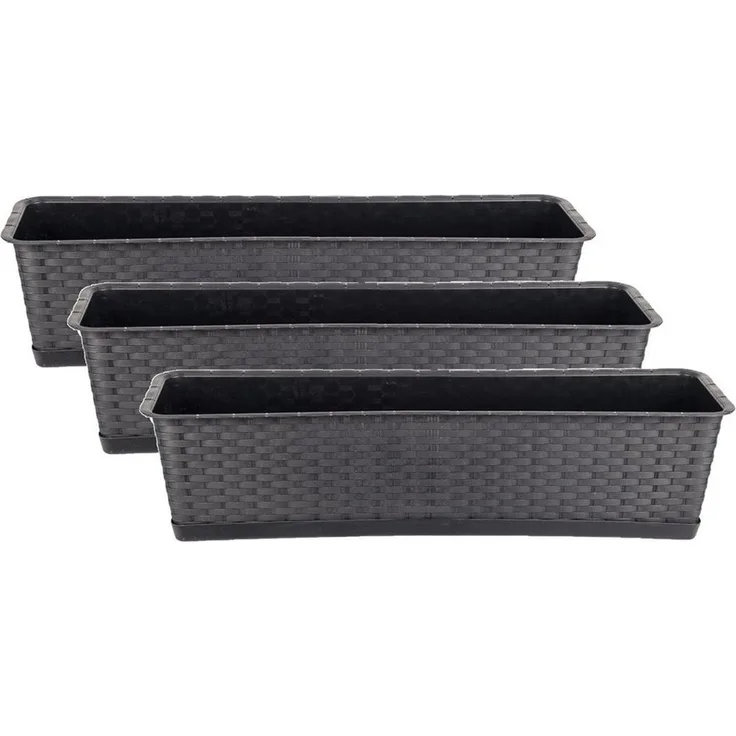 BigDean 3er Set Blumenkasten mit Untersetzer 70 cm lang Rattan-Optik anthrazit - aus PP-Kunststoff - Balkon Pflanzkasten schmal Balkonkasten