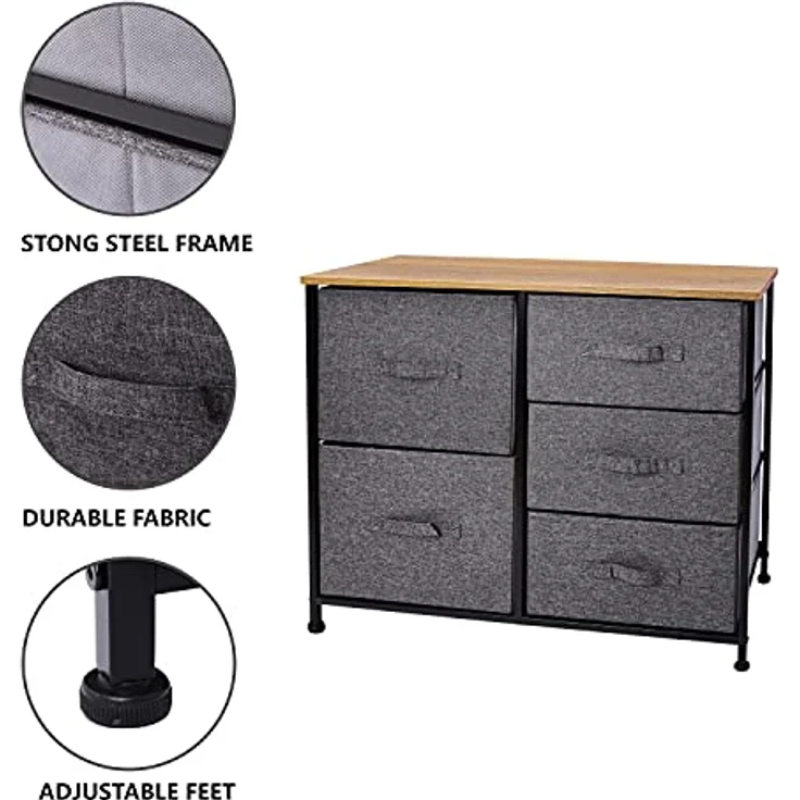 Mondeer Kommode, Kommode Schmal, Schrank mit 5 Groß Schubladen, Stoff Schubladenschrank, Kleideraufbewahrung, Aufbewahrung Schrank, 85x30x70cm, Stabiler Metallrahmen, Grau – Bild 8