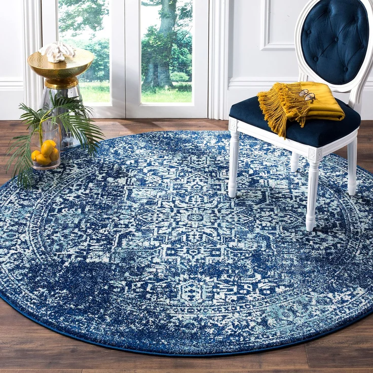 SAFAVIEH Traditionell Teppich für Wohnzimmer, Esszimmer, Schlafzimmer - Evoke Collection, Kurzer Flor, Marine und Elfenbein, 200x200 cm