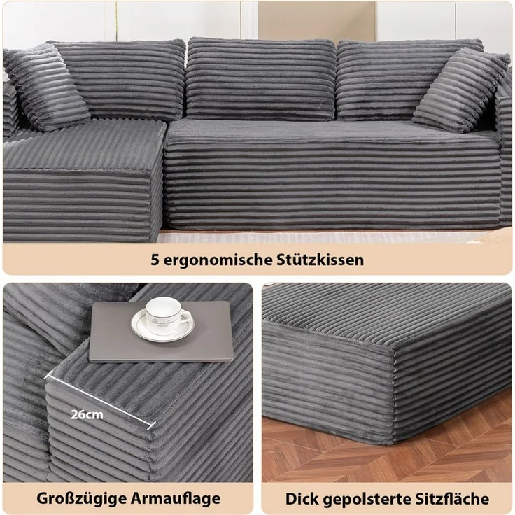 COMHOMA Sofa Big-Sofa, L-förmige Sofa, Couch Ecksofa, Chaiselongue Schlafsofa, mit tiefer Sitzfläche und breiten Armlehnen, Cordstoff – Bild 3
