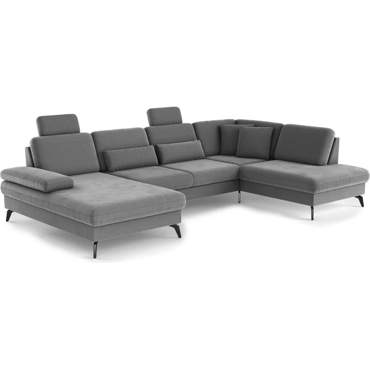 Cavadore Wohnlandschaft Moritz / Sofalandschaft mit Longchair im trendigen Design, Sitztiefenverstellung, Kopfstützen und mattschwarzen Metallfüßen / 335 x 82-107 x 212 / Mikrofaser, Mittelgrau