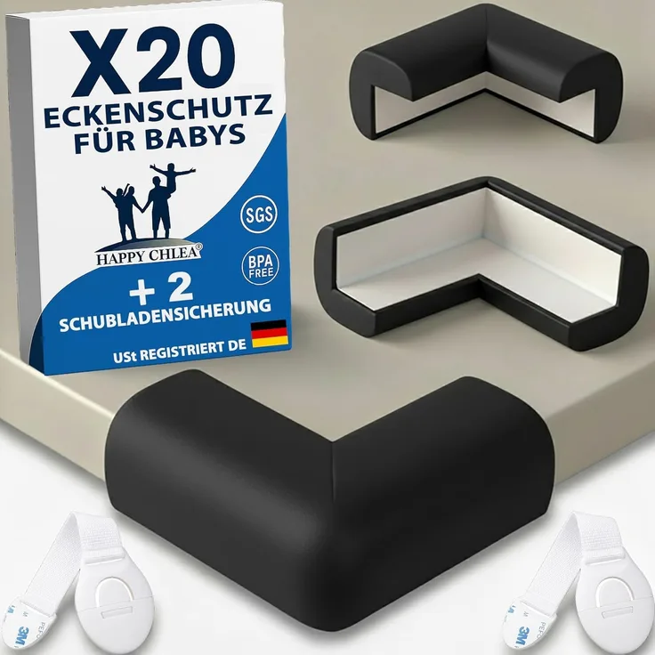 HAPPY CHLEA® Eckenschutz und Kantenschutz Baby Gummi Weich mit „AKTIVSCHAUM“ technologie, für Tisch und Möbel Ecken, Stoßschutz für Baby und Kinder. BONUS 2 Schubladensicherung (Schwarz)