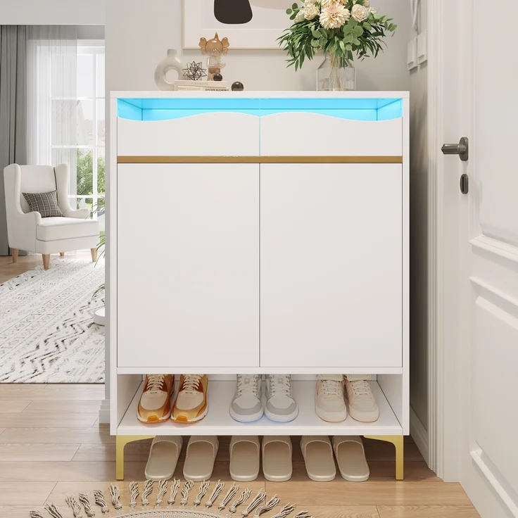 Schuhschrank mit LED-Lichtleiste, MDF/Spanplatte, 80x35x105 cm, Weiß mit Acrylfront & Metallgestell – Bild 1