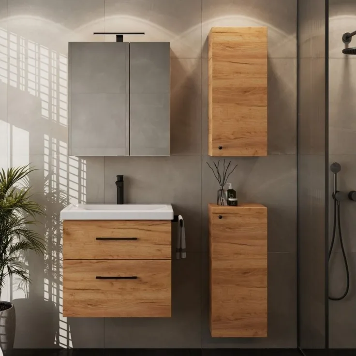 Planetmöbel Badmöbel-Set Badmöbel-Set mit Spiegelschrank 63cm und 2x Midischrank, (Waschbecken mit Unterschrank, Spiegelschrank Bad mit Beleuchtung)