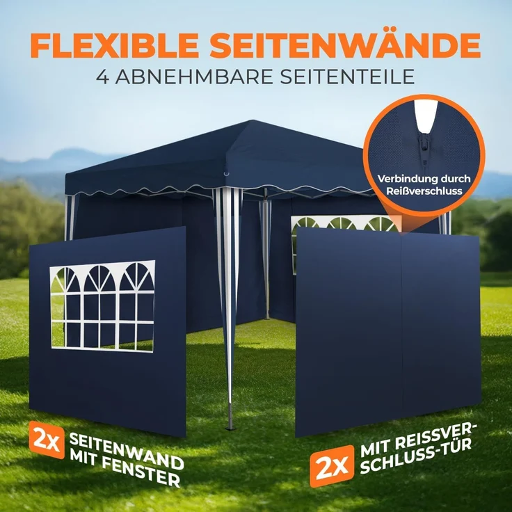 Faltpavillon 3x3 m - wasserdicht - mit 4 Seitenteilen, blau – Bild 6