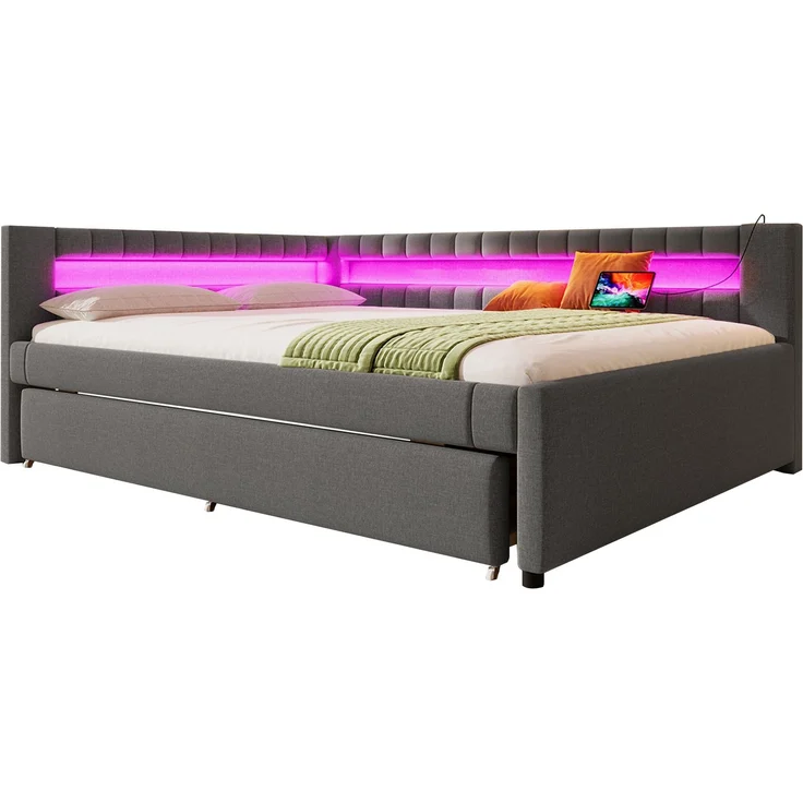 Daybett 140x200 cm Tagesbett Schlafsofa mit ausziehbarem Rollbett, LED-Fernbedienungslichtleiste, USB & Type-C Ladestation, Leinen, Grau – Bild 2