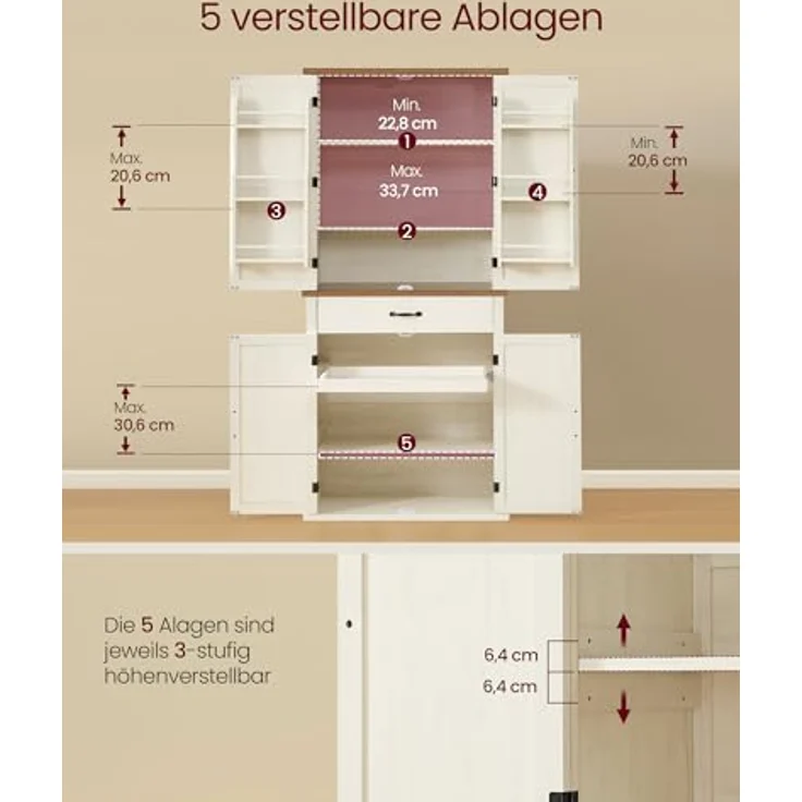 VASAGLE Küchenschrank mit Türen, Landhausstil, Schublade, Ablage und verstellbaren Einlegeböden, vintageweiß, 178,6 x 40 x 80 cm, BBKDE364W02 – Bild 7