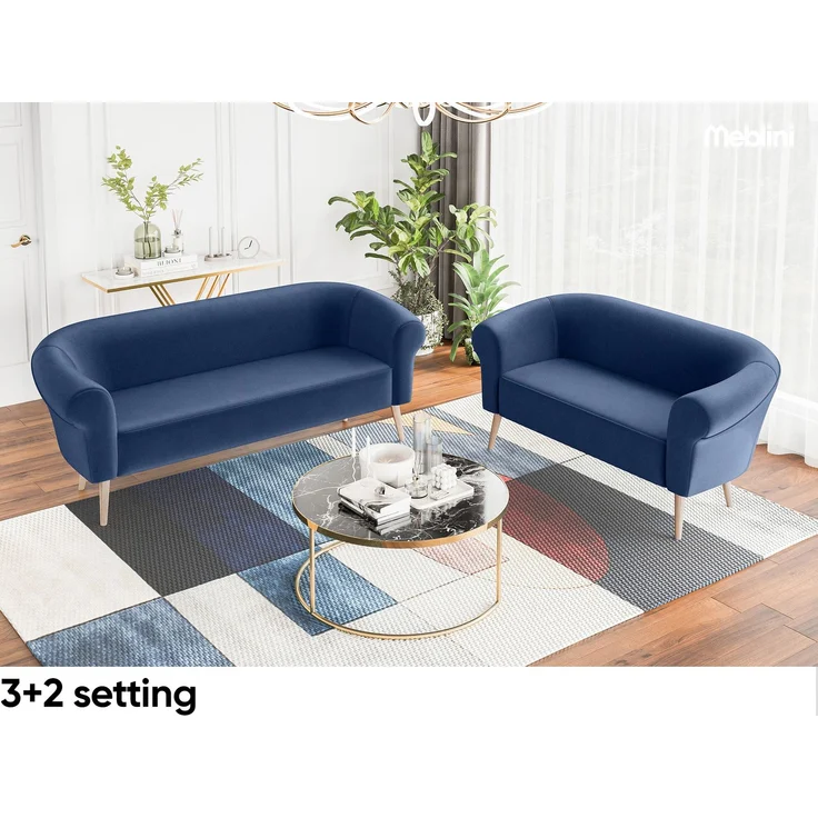 MEBLINI Mini Sofa Set 3-2 für Wohnzimmer - Mini Lounge für fünf Personen - Küchensofa - Sofa Klein - Sitzgarnitur - Polstergarnitur - Sofagarnituren - EMILIA - 3+2 - Blau Samt – Bild 2