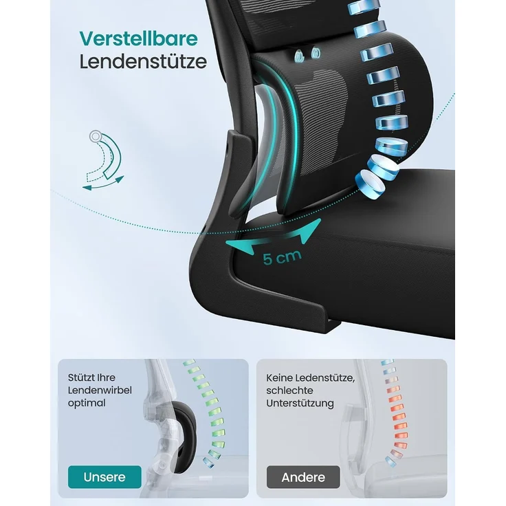 SONGMICS Bürostuhl, Schreibtischstuhl, ergonomischer Netzstuhl, mit doppellagigem Netzgewebe, atmungsaktiv, Adaptive Lendenstütze, verstellbare Kopfstütze, für Homeoffice, tintenschwarz – Bild 4