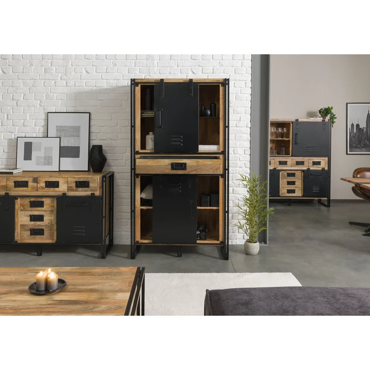 Wohnzimmerschrank Mango 105x45x195 natur klar lackiert / Metall schwarz BLACKBURN #105 – Bild 3