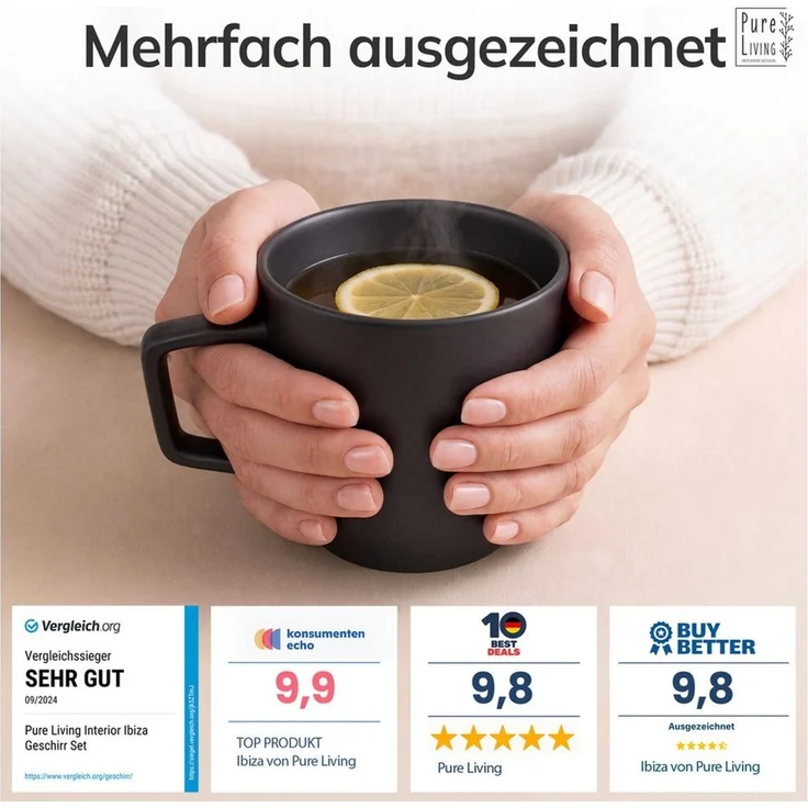 PURE LIVING INTERIOR DESIGN Geschirr-Set Manhattan Becher, 6er-Set, 290 ml, Schwarz, Steingut (1-tlg), 6 Personen, Steingut, Spülmaschinenfest, mikrowellengeeignet, für Heißgetränke geeignet – Bild 3