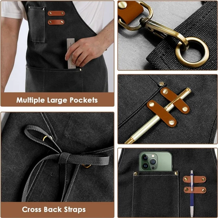 MOPUEA Kochschürze Küchenschürze Grillschürze Canvas für Männer und Frauen, (Küchenschürze Grillschürze für Kochen Grillen Handwerk, Canvas Schürze für Küche Grill Werkstatt Barista), 3 Taschen kreuz Rückenriemen strapazierfest schmutzabweisend – Bild 2