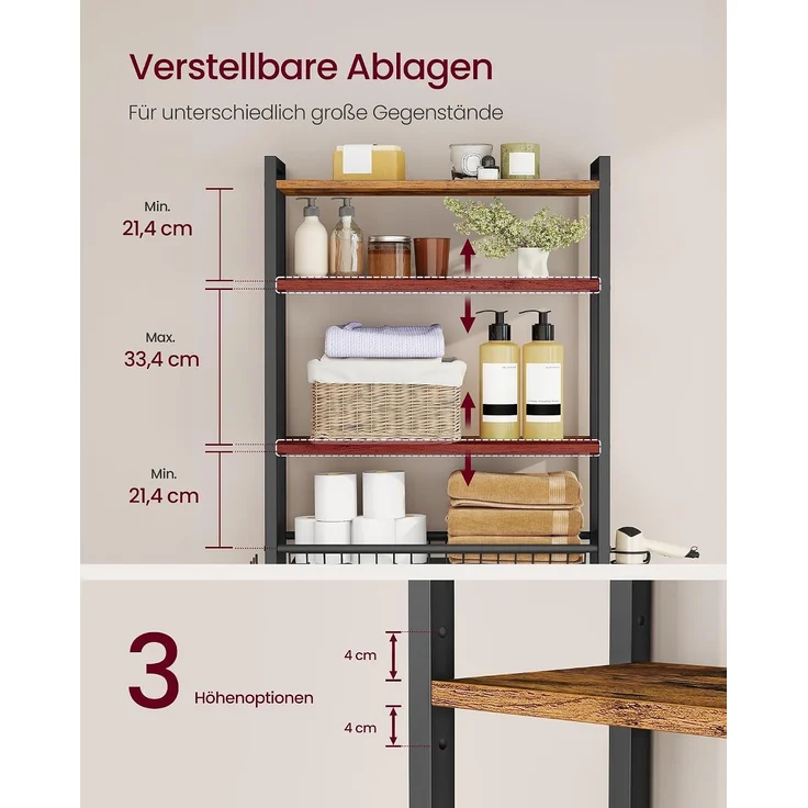 VASAGLE Toilettenregal, Badezimmerregal mit verstellbaren Ablagen und Gitterkorb, WC-Regal mit Föhnhalter, 3 Haken, platzsparend, 24 x 60 x 173 cm – Bild 3