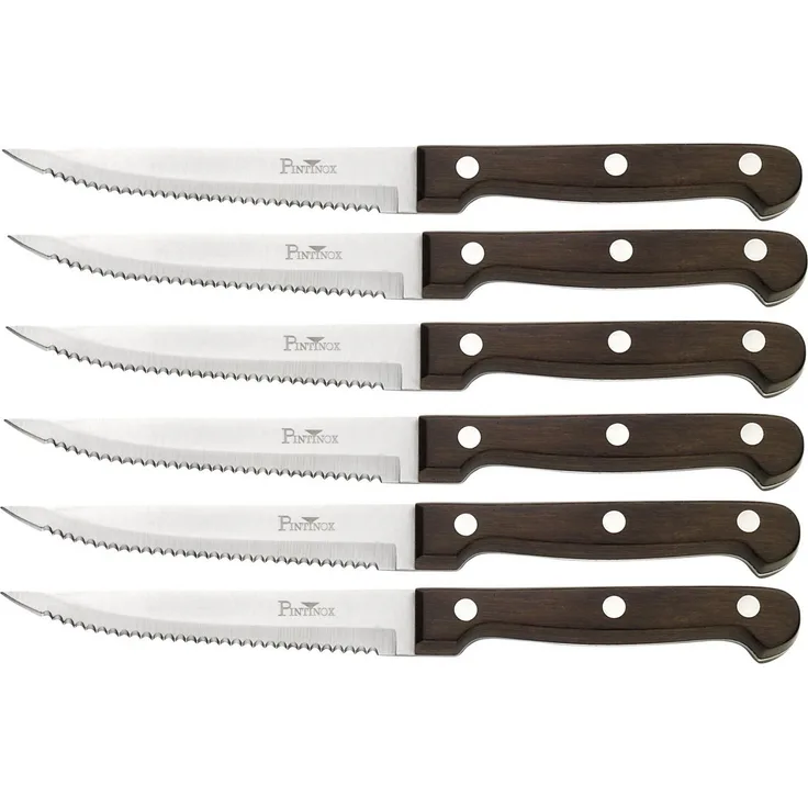 PINTINOX Steakmesser P.Wood (6 Stück), aus rostfreiem Stahl, Griff aus Pakkaholz, Klinge 11,1 cm
