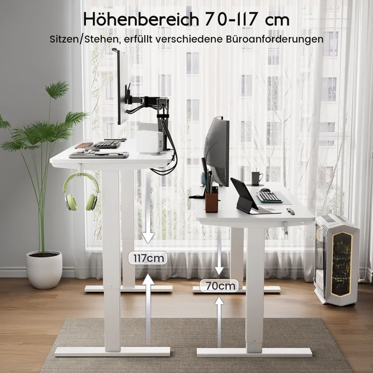 HOMAVO höhenverstellbarer Schreibtisch 60×140 cm, mit Memory- und Anti-Kollisionsfunktion, Höhe 70–117 cm, Weiß – Bild 3