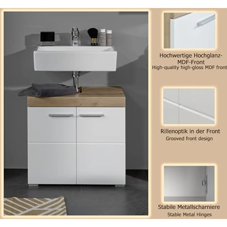 Trendteam 'Amanda' Waschbeckenunterschrank, Hochglanz, 56 x 34 x 60 cm, Weiß / Eiche – Bild 7