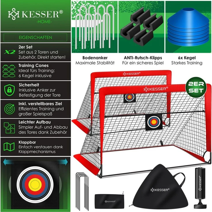KESSER Pop-Up Fußballtor, 2er Set, mit Transporttasche, 6x Hütchen, Ballpumpe & Zielscheibe, Glasfaserstangen, Rot, 120x90 cm – Bild 2