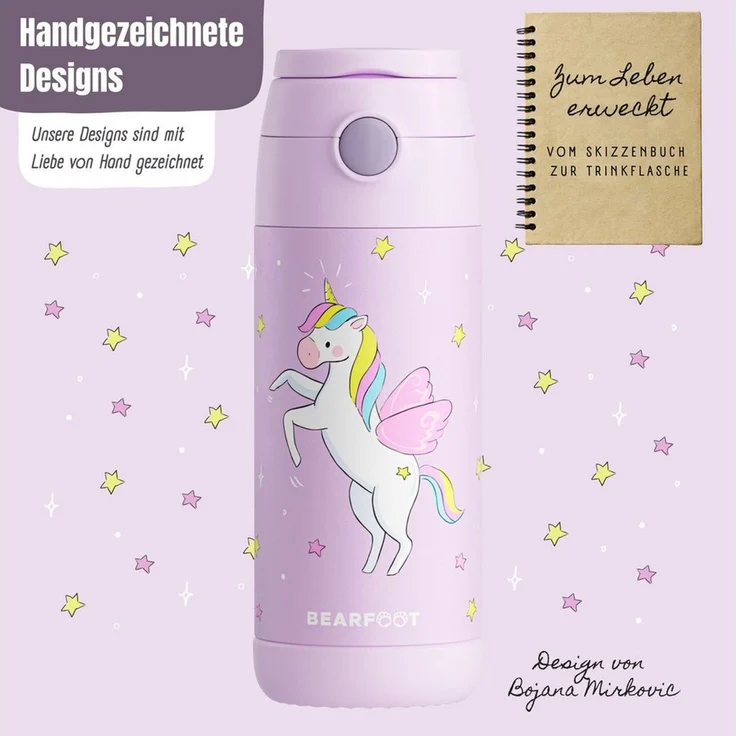 BEARFOOT Trinkflasche Thermo Kinder Trinkflasche Edelstahl - Einhorn lila, Thermosflasche, auslaufsicher, Edelstahl, Kinderflasche, BPA-frei – Bild 4