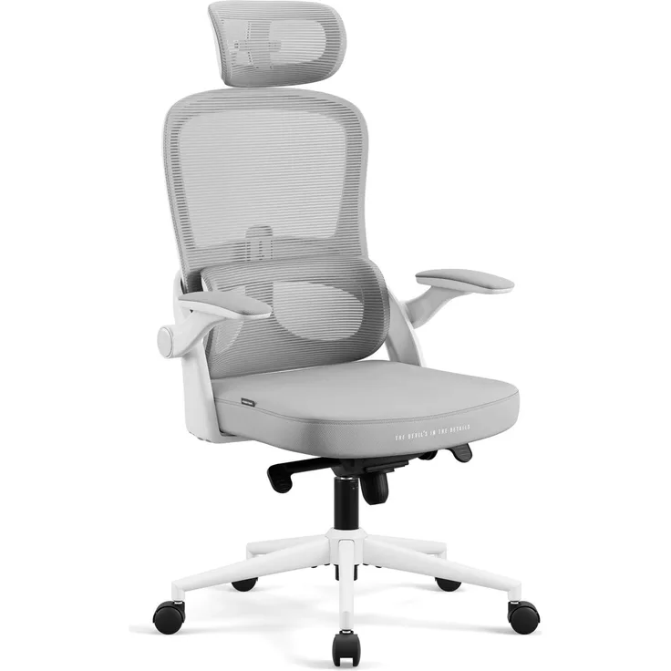 Diablo V-Light Ergonomischer Bürostuhl Netzrücken Atmungsaktiv Verstellbare Lordosenstütze 3D Armlehnen Kopfstütze Wippmechanik Bis 110 kg Hellgrau