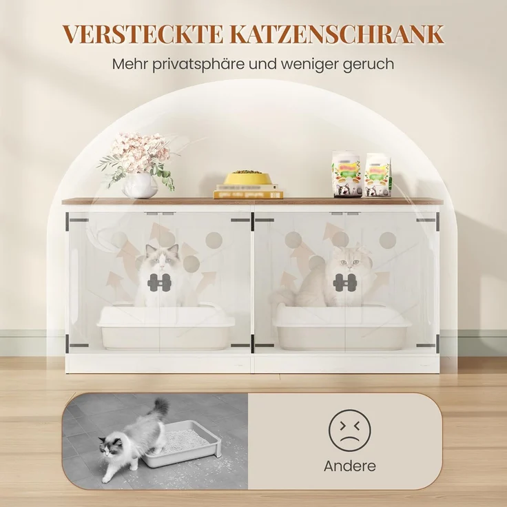Katzenschrank für 2 Katzen, Bauernhausstil, für den Innenbereich, Holz/Stahl Vintagebraun-Weiß, 120 x 50 x 54 cm – Bild 3