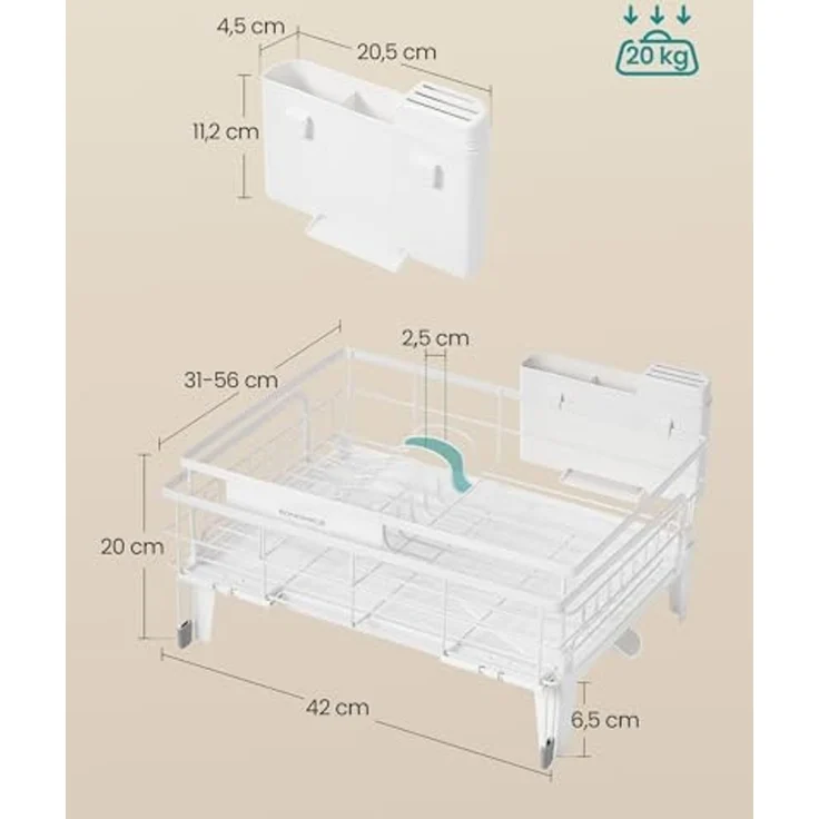 SONGMICS Abtropfgestell Geschirr, ausziehbarer Geschirr-Abtropfständer, wasserabsorbierende Silikonmatte, 360° drehbarer und ausziehbarer Ablauf, (31-56) x 42 x 20 cm, mattweiß-taubengrau – Bild 4