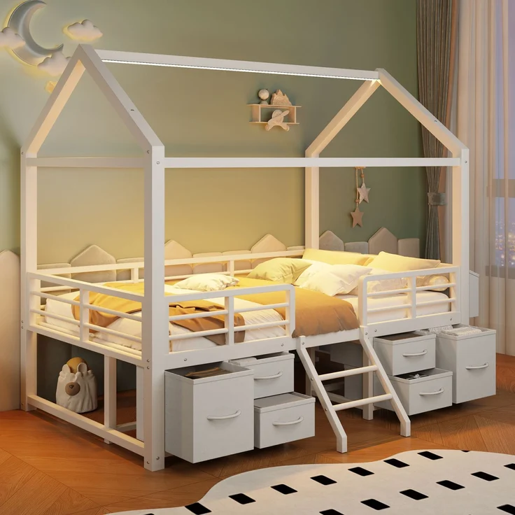 EINHOM Hochbett 90 x 200 cm mit Hausdach, LED-Beleuchtung Kinderbett aus Metall mit mehreren Stoffschubladen, Weiß (Ohne Matratze) – Bild 3