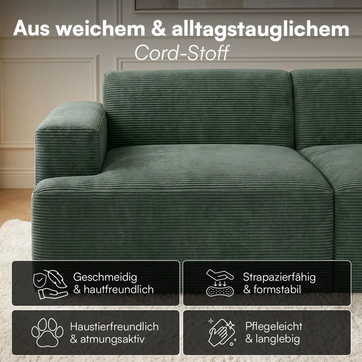 skølm 'Freki' Cloud Sofa 2 Sitzer, Vollschaumcouch mit Federkern und Vakuum-Kompression, kein Aufbau erforderlich, mit 2 Kissen, Cord dunkelgrün – Bild 5