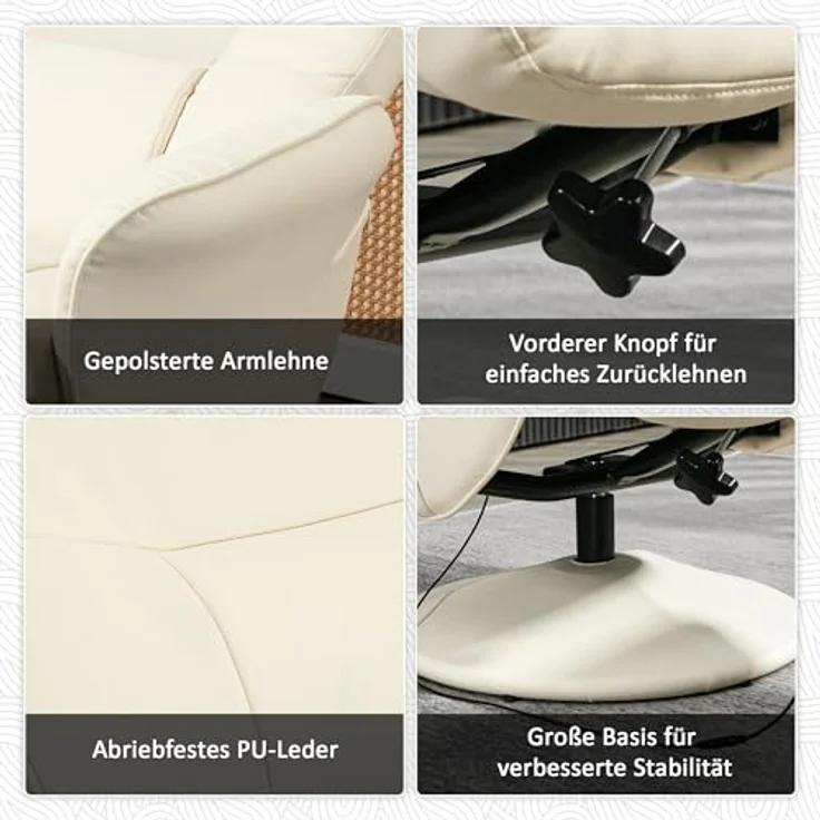 HOMCOM Massagesessel mit Fußhocker, Liegefunktion, 10 Massagepunkte (Relaxsessel, 2-St, Fernsehsessel), mit Seitentasche, Fernbedienung, Kunstleder, Cremeweiß – Bild 6