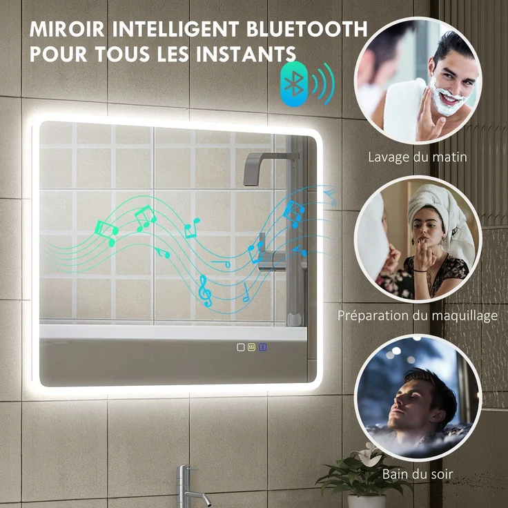LED-Badezimmerspiegel mit Bluetooth, 70 x 90 cm, Touch-Schalter, dimmbares Licht, 3 Farben, beschlagfrei, Speicherfunktion, silber – Bild 7