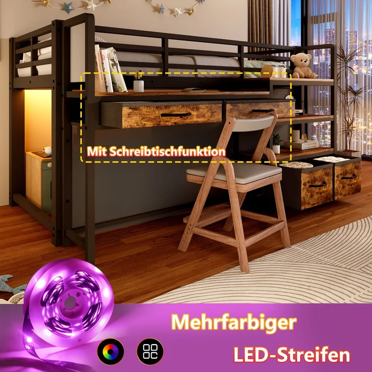 ZUBALIYA Hochbett 90x200 cm mit Schreibtisch, Stauraum und Stoffschubladen, Kinderbett aus Metall mit Vorhang, mehrschichtigem Regal und LED-Licht, Schwarz – Bild 5