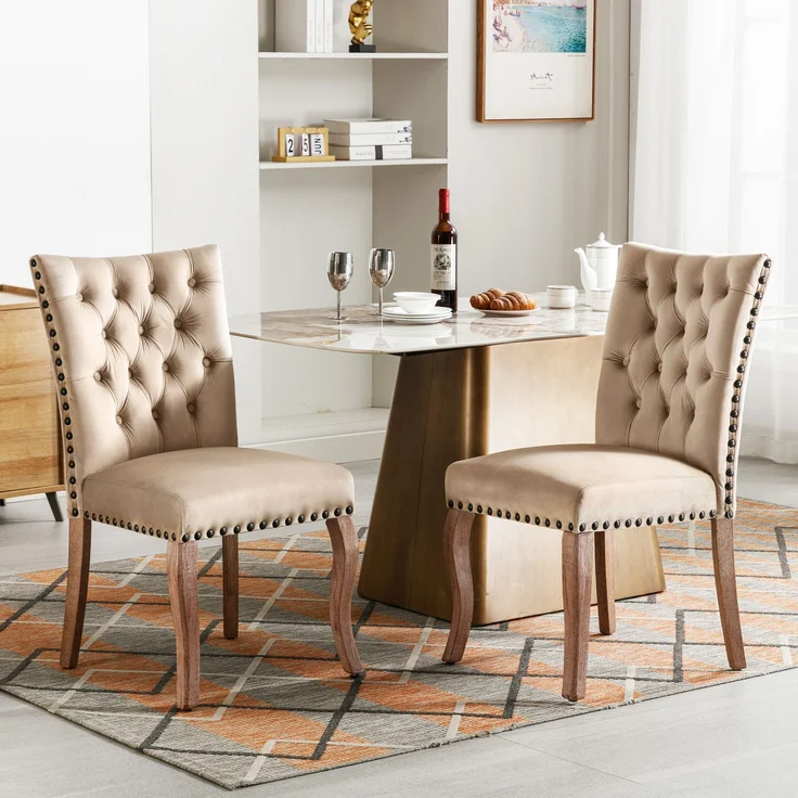 2er Set Esszimmerstuhl Samt gepolstert Massivholz mit Kupfernägeln, modernes Design, komfortabler Sessel,Helles Kamel – Bild 1