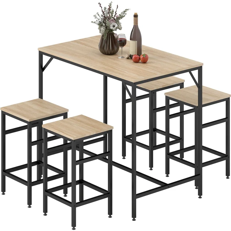 MELAYR, Bartisch-Set Stehtisch mit 4 Barhockern 5-teiliges Tischset Stahl Eiche, 100 x 60 x 88 cm – Bild 2