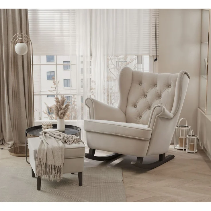 Schaukelsessel Ohrensessel Sessel NINON inkl. Hocker in Stoff Trinity Beige – Bild 1
