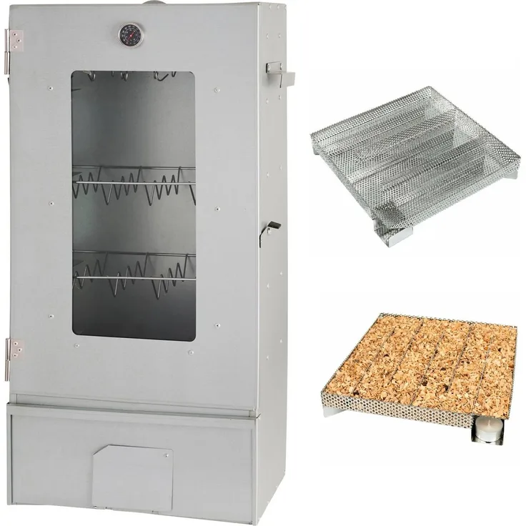 Räucher König Metall SET XL Räucherofen 44 x 28 x 80 cm inkl Räucher König Single L Kaltraucherzeuger Silber 80 x 88 x 44 cm