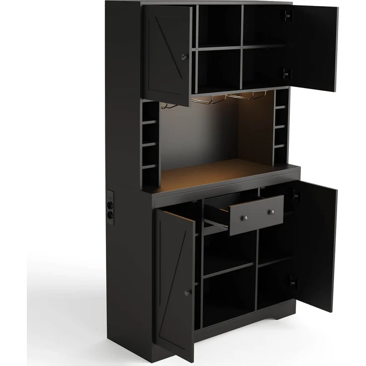 Merax 180cm Küchenschrank, Hochschrank, Weinschrank mit verstellbaren Einlegeböden, Schublade, Edelstahl-Weinglashalter, Weinflaschenfächern, farbwechselnder LED-Beleuchtung und Steckdosen, Schwarz – Bild 9
