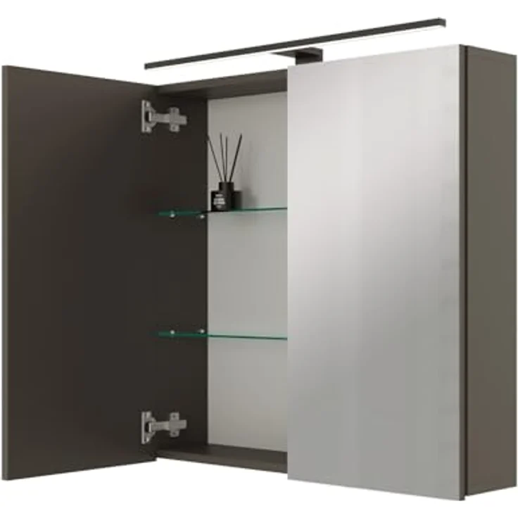 Planetmöbel ARIA Spiegelschrank Bad mit Beleuchtung 70 cm breit | Badschrank hängend mit Spiegel | Anthrazit, mit Leuchte und Steckdose, Spiegelschrank Gäste WC 70 x 70 x 16 cm – Bild 2