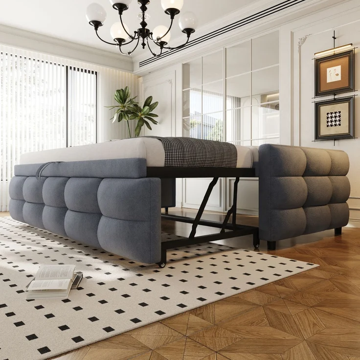 ZUBALIYA Schlafsofa 90x180 cm, ausziehbare Liegefläche, Lattenrost, Leiter, mit Teddy-Stoffbezug, Grau, ohne Matratze – Bild 2
