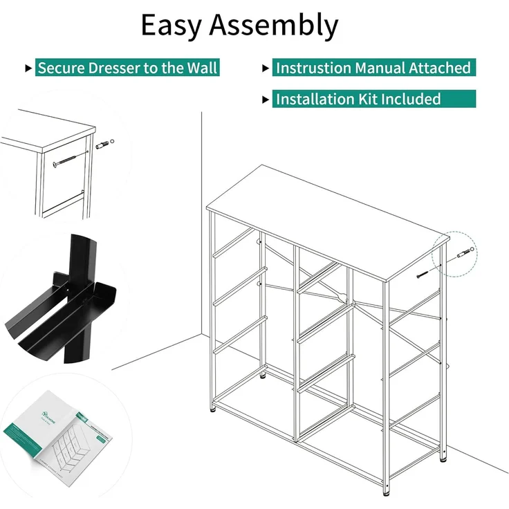 YITAHOME kommode mit Schubladen, Schrank mit 8 Schubladen aus Stoff, Modernen Stil, Stabiler Metallrahmen, Holztischplatte, Aufbewahrungskommode für Schlafzimmer, Wohnzimmer, Flur, Schwarz und Grau – Bild 7